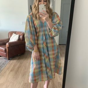 Ganni Plaid Check Midi Dress with Balloon Sleeves